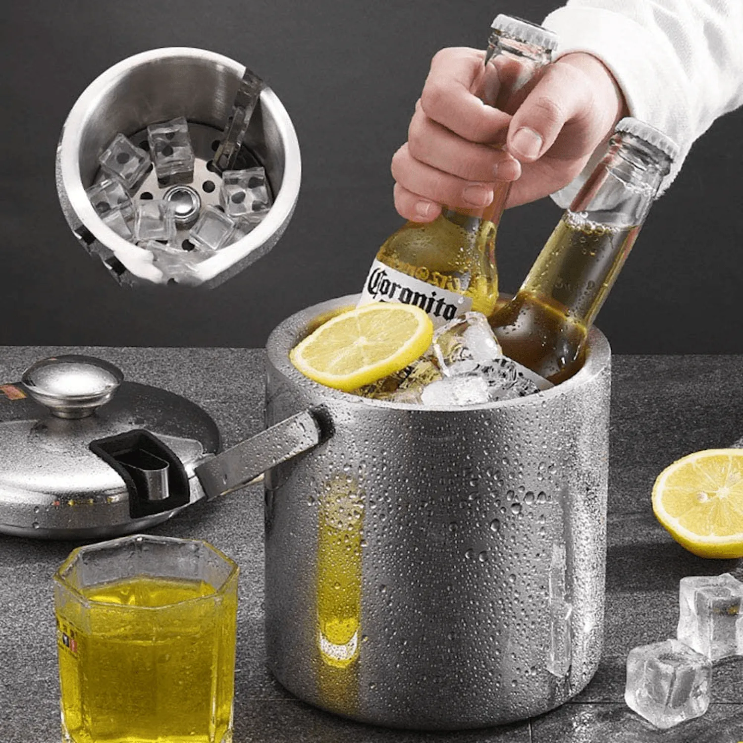 Double-Wall Stainless Insulated Ice Bucket w/Lid/Tong 1.3L 2