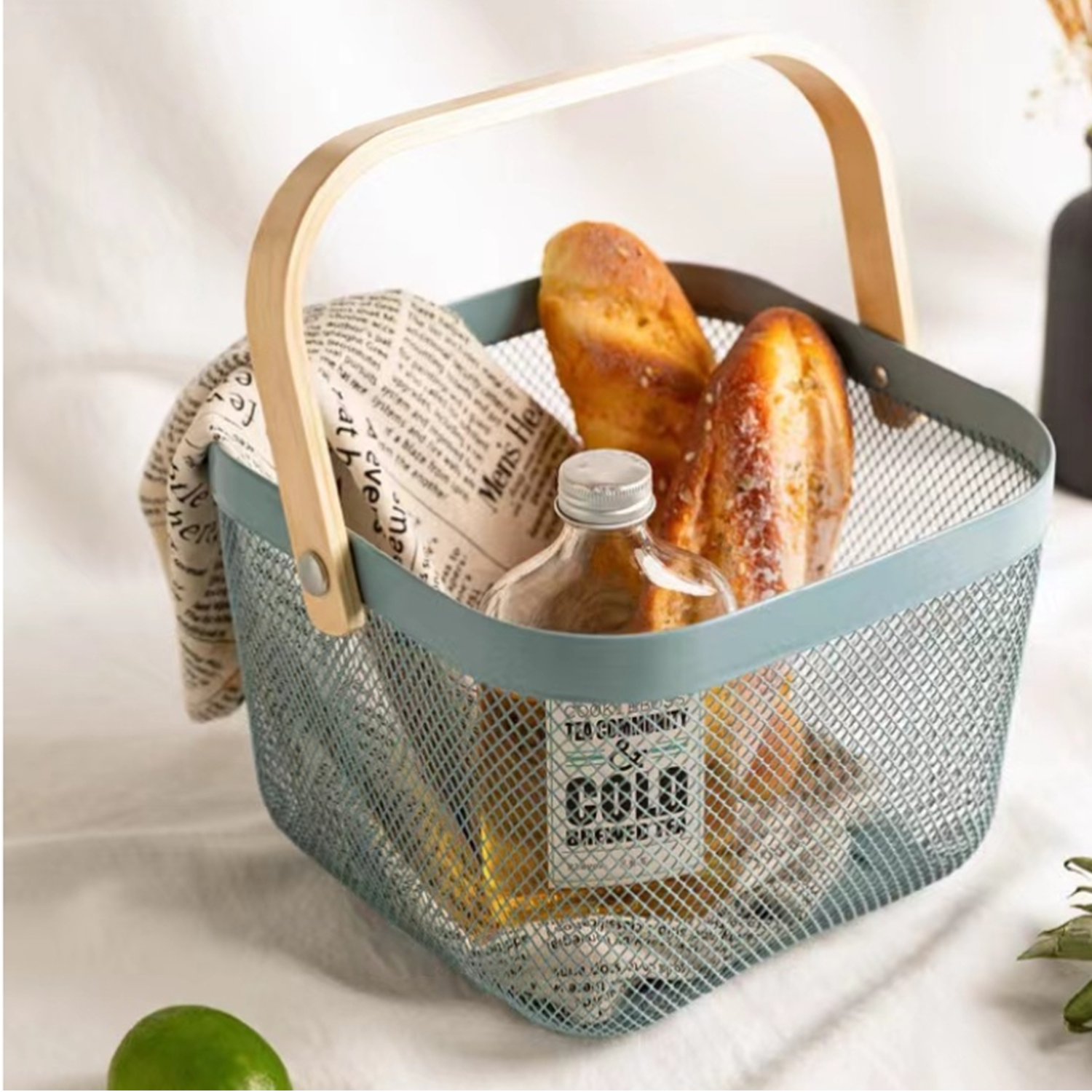 Multi Functional Wooden Handle Mesh Metal Storage Basket 20