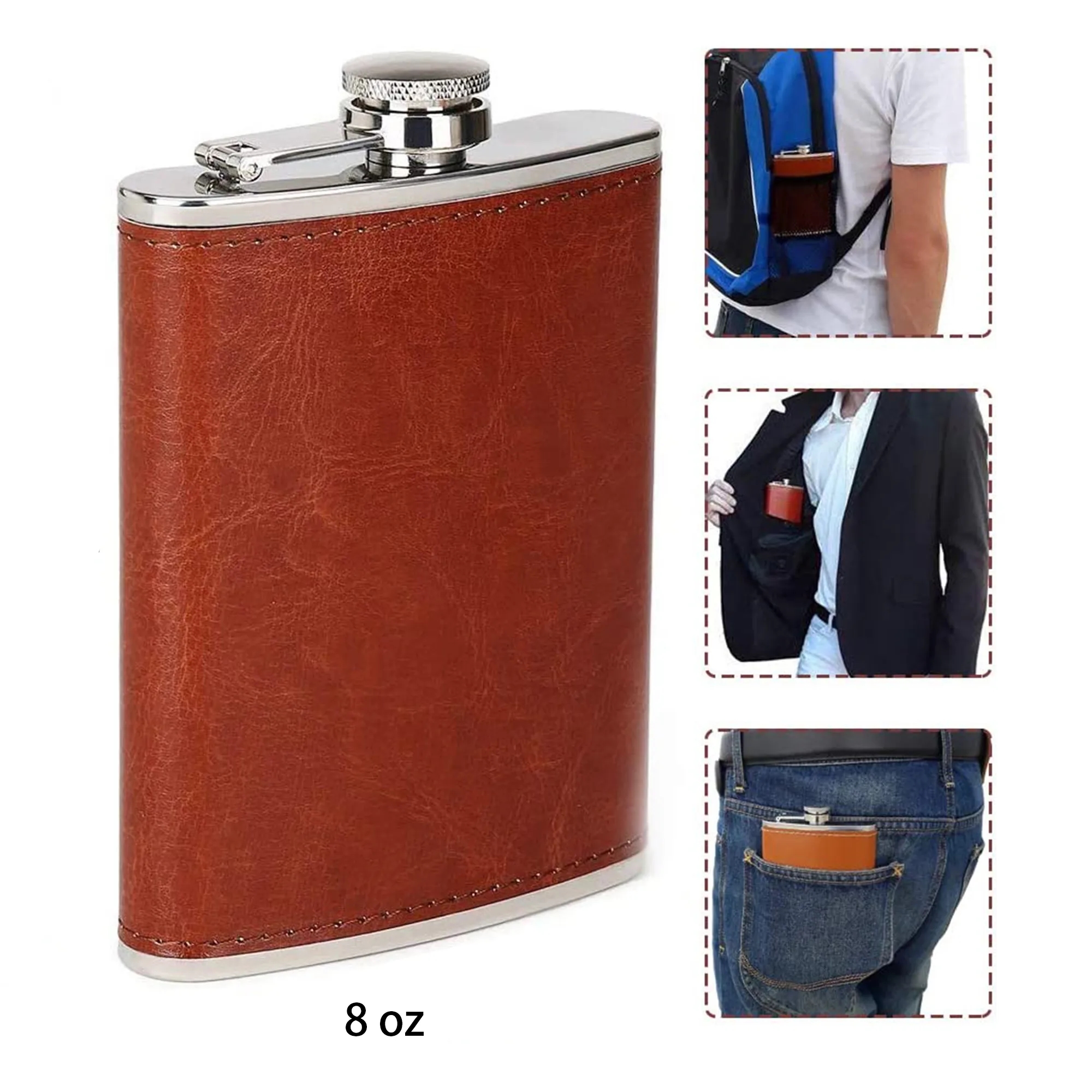 8oz Pocket Whiskey Liquor Leather Wrapped Flask 3