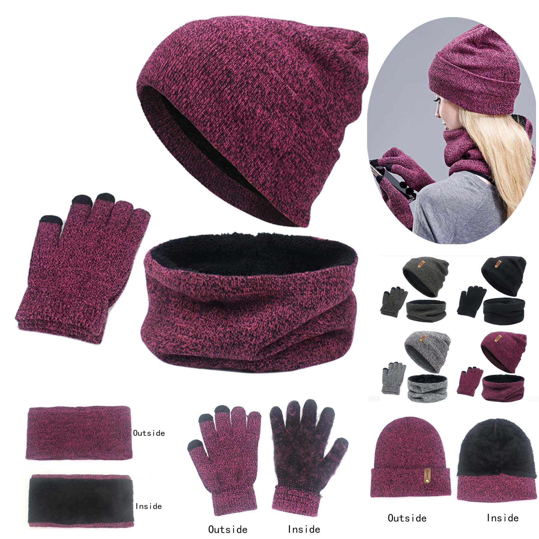 Knit Beanie Cap & Neck Gaiter & Gloves Set 1