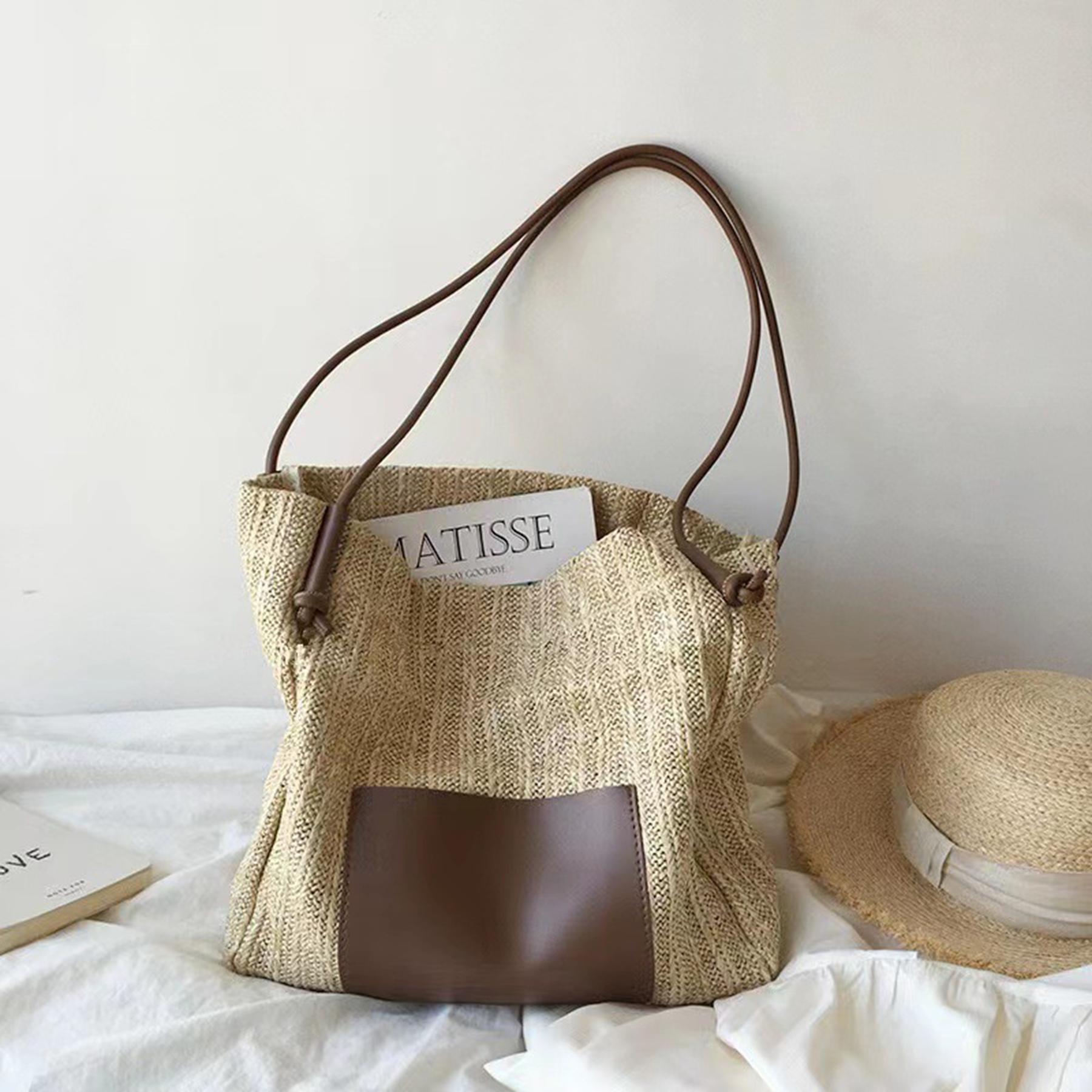 2-In-1 Fashion Straw Tote Bag With Leather Patch 3