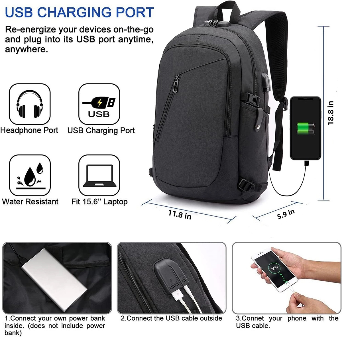Travel Anti-Theft Laptop Backpack with USB Charging Port 5