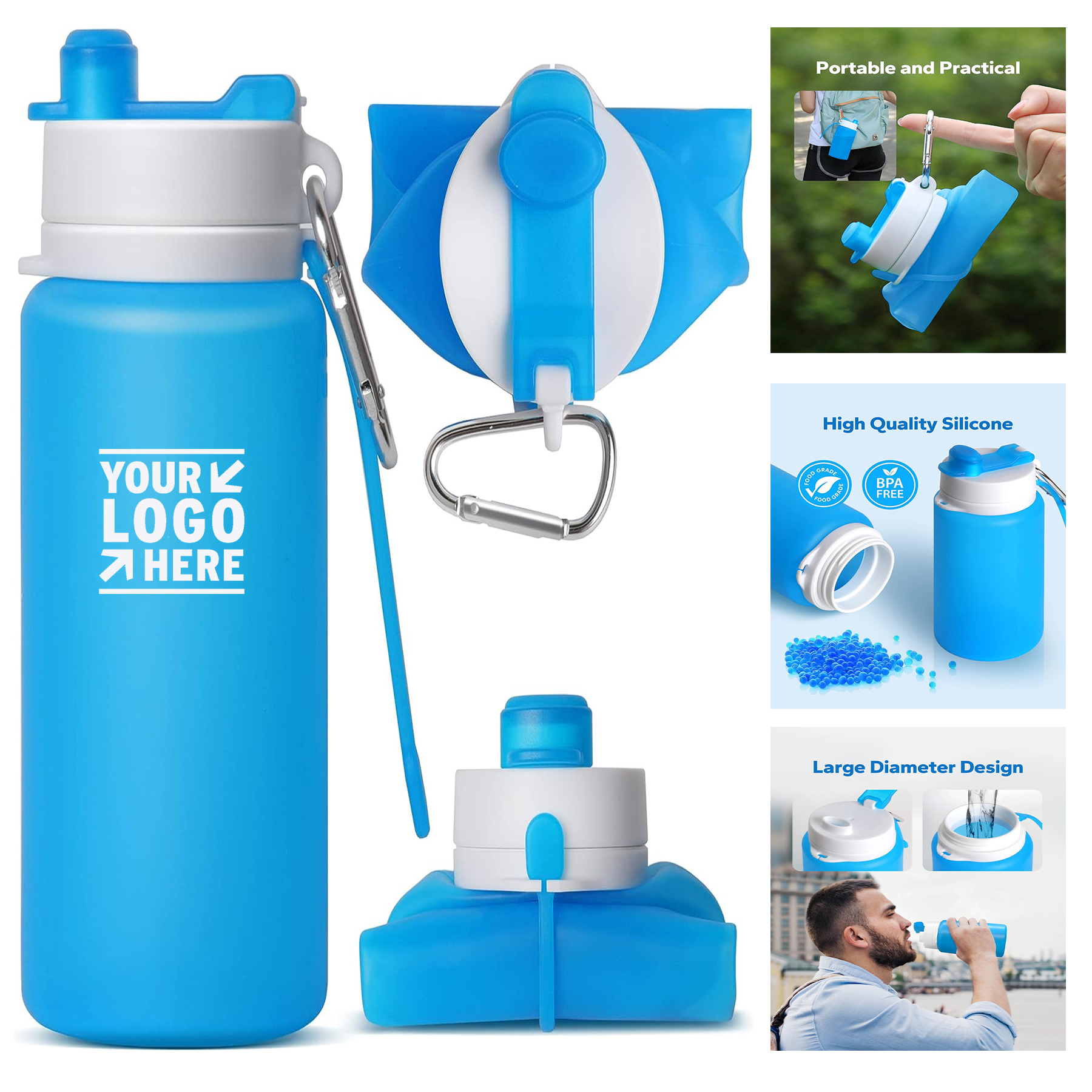 20OZ Travel Portable Silicone Collapsible Foldable Water Bottle With Clip Backpack 2