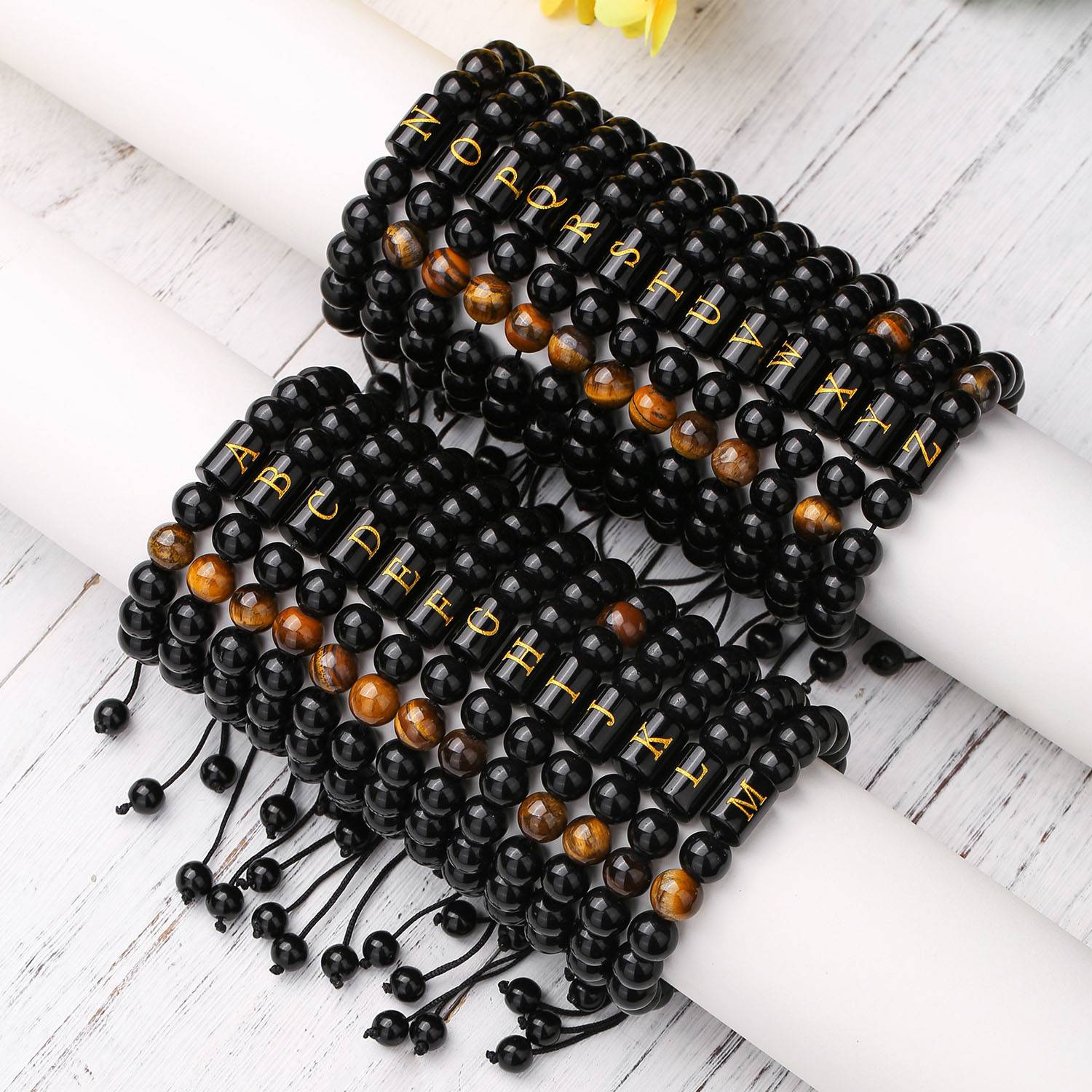 Men's Black Agate Letter Beaded Bracelet 7