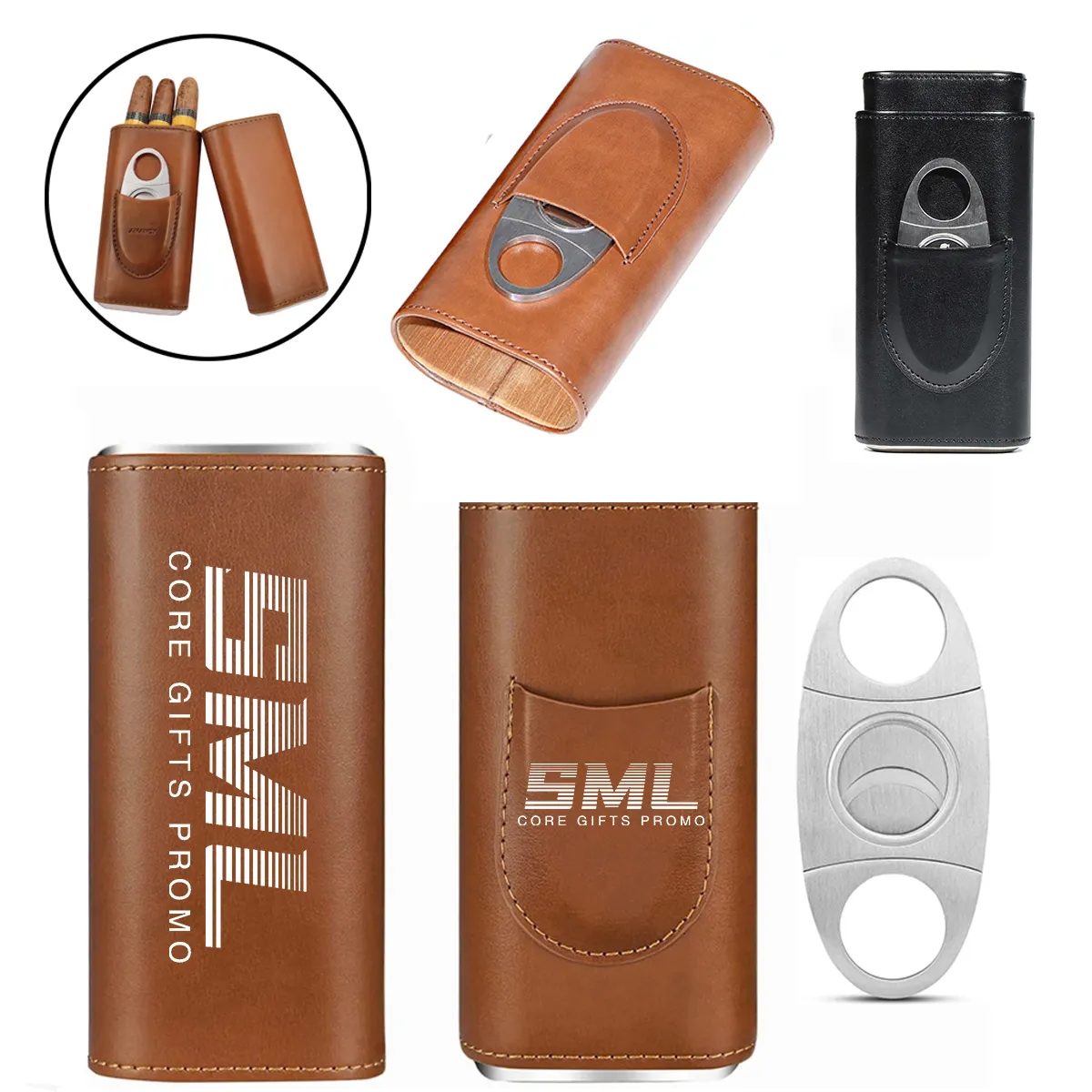 Leather Cigar Case with Silver Stainless Steel Cutter 2