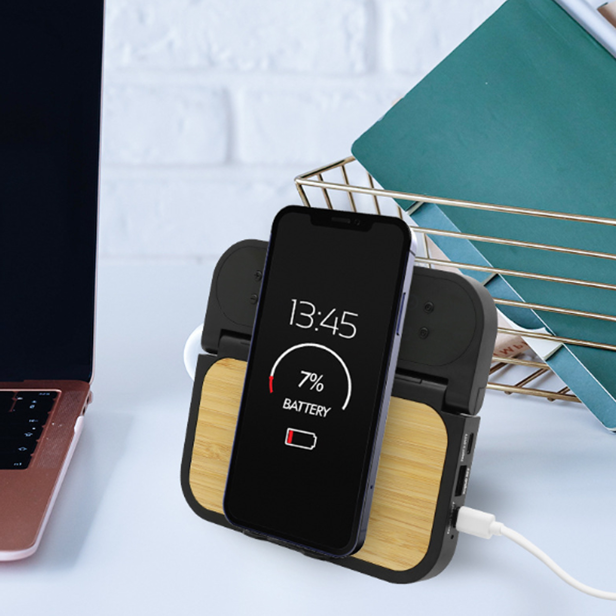 Bamboo Wireless Charging Clock Stand with LED Display 8