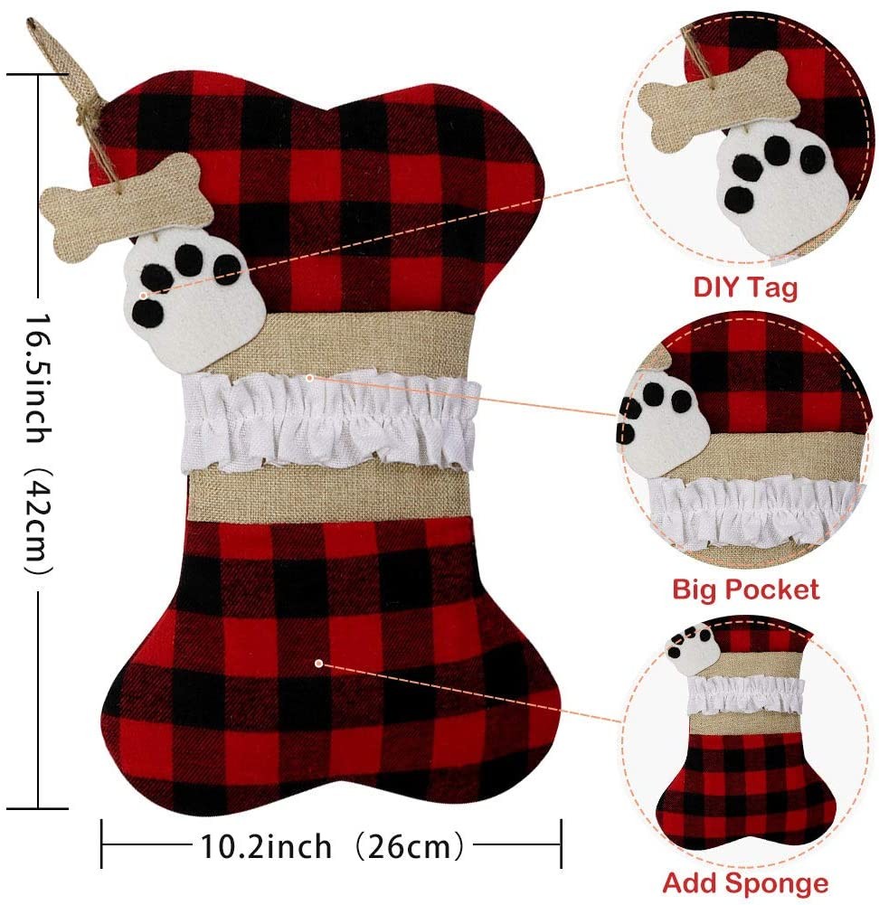 Pet Dog Christmas Stockings, Burlap Plaid Large Bone Shape Pets Stockings 4
