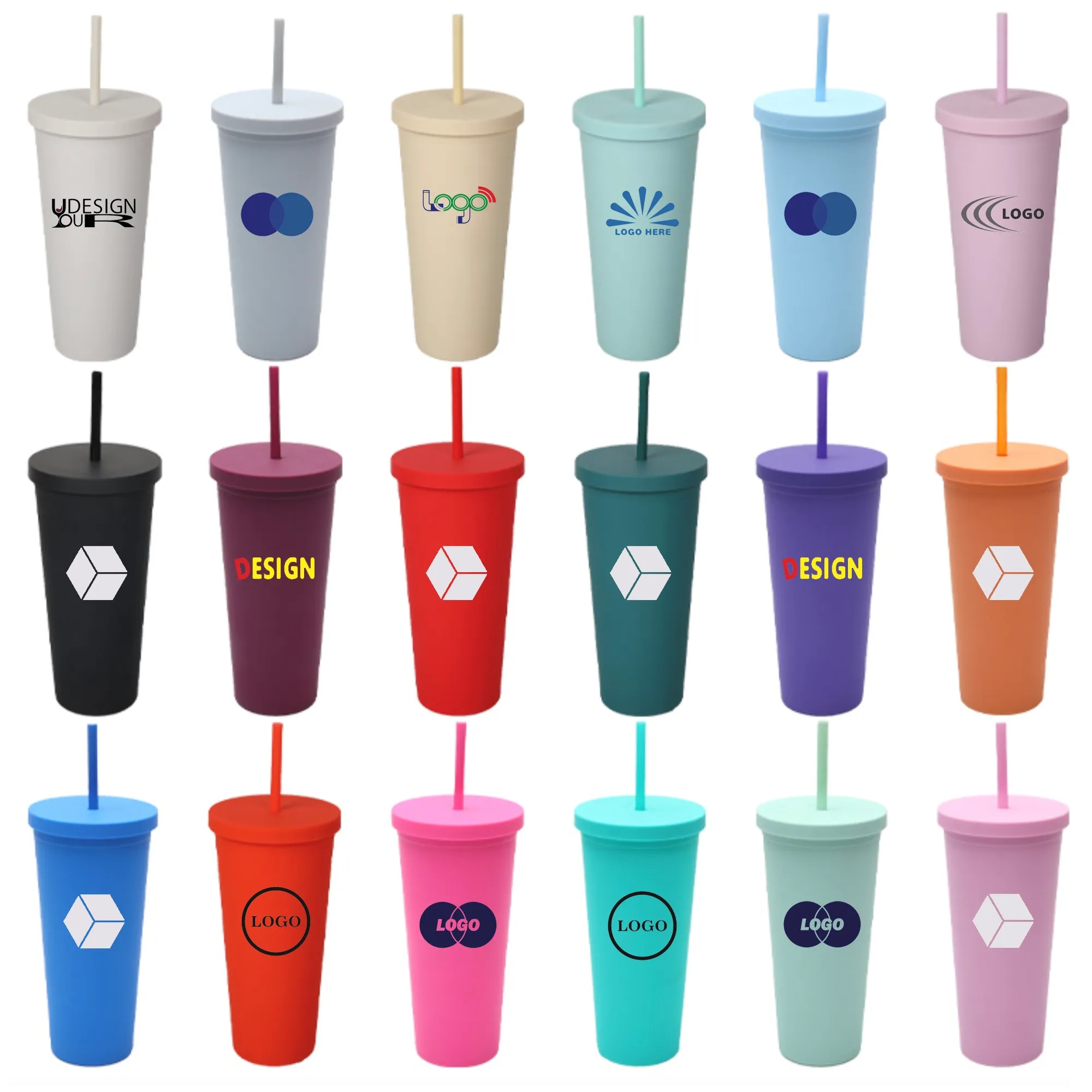 24oz Double-layer Solid Color Plastic Straw Cup 2