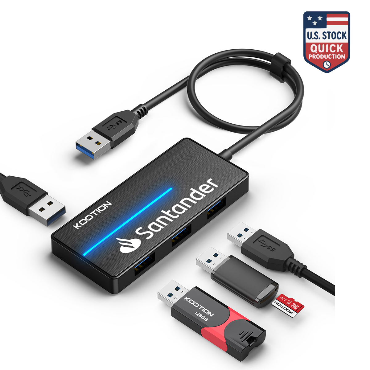 Compact 3-Port USB Hub with Blue Light 4