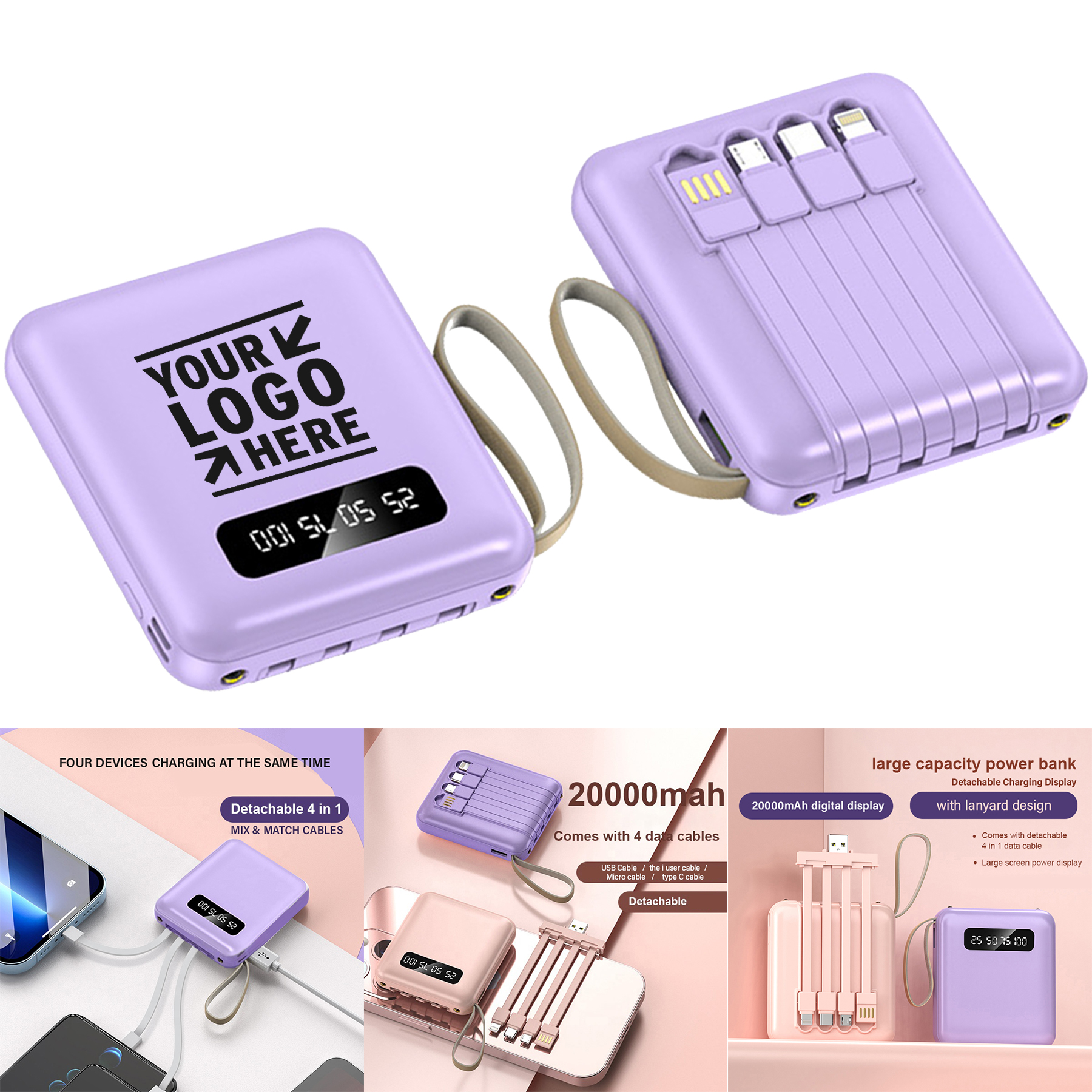 20000mAh Mini Power Bank 4in1 Detachable Cables 2