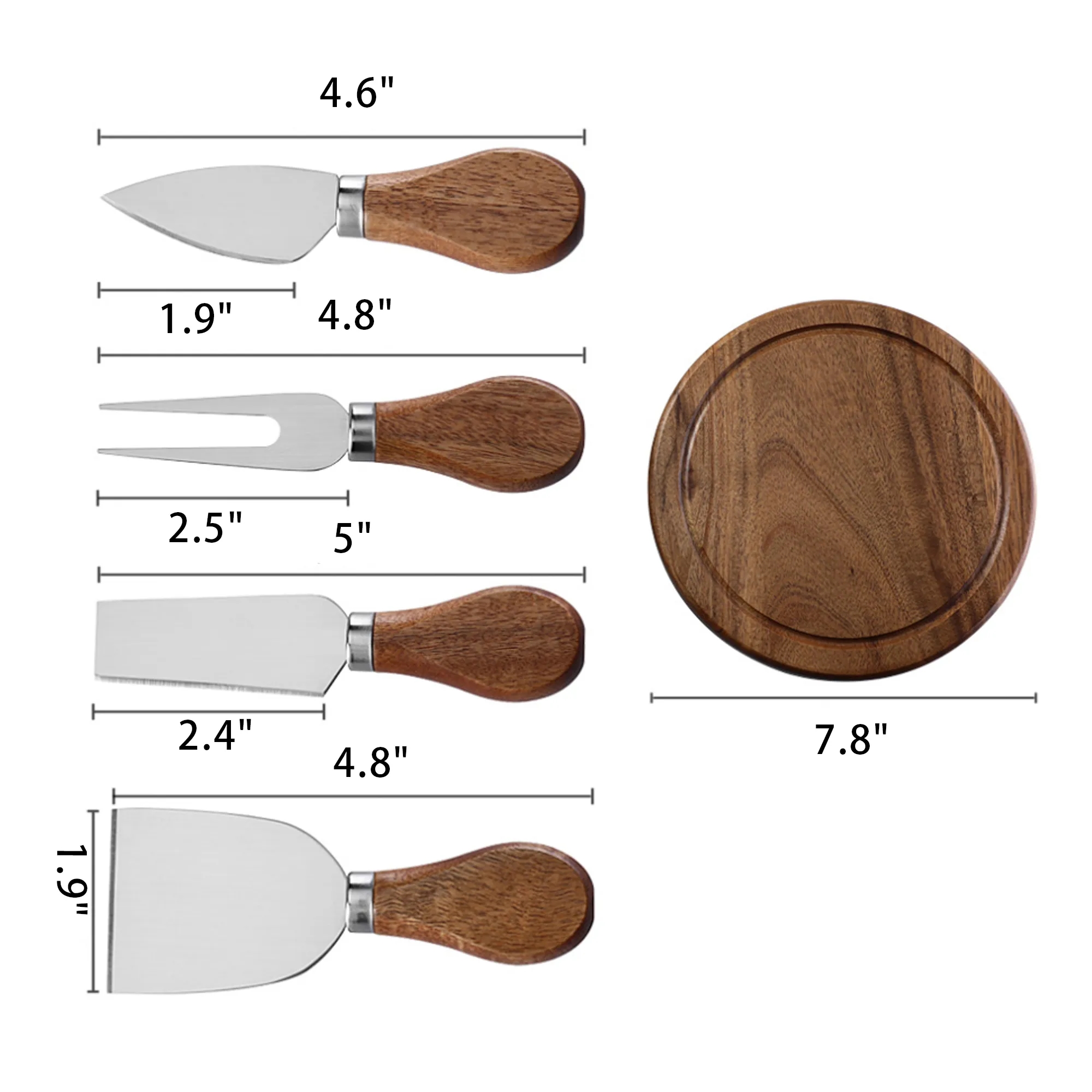 4pcs Round Oak Cheese Box Stainless Steel Knife Spatula Set 6