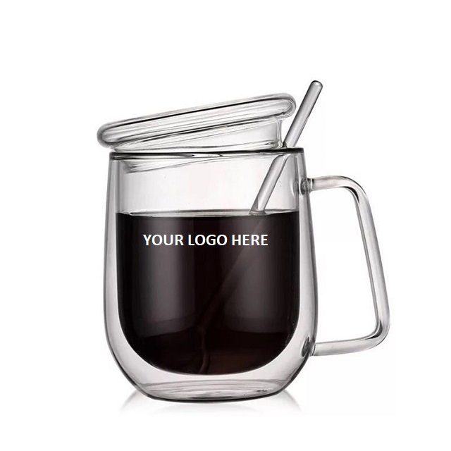 Double Wall Glass Coffee Mug w/ Glass Lid & Spoon 10 oz 4