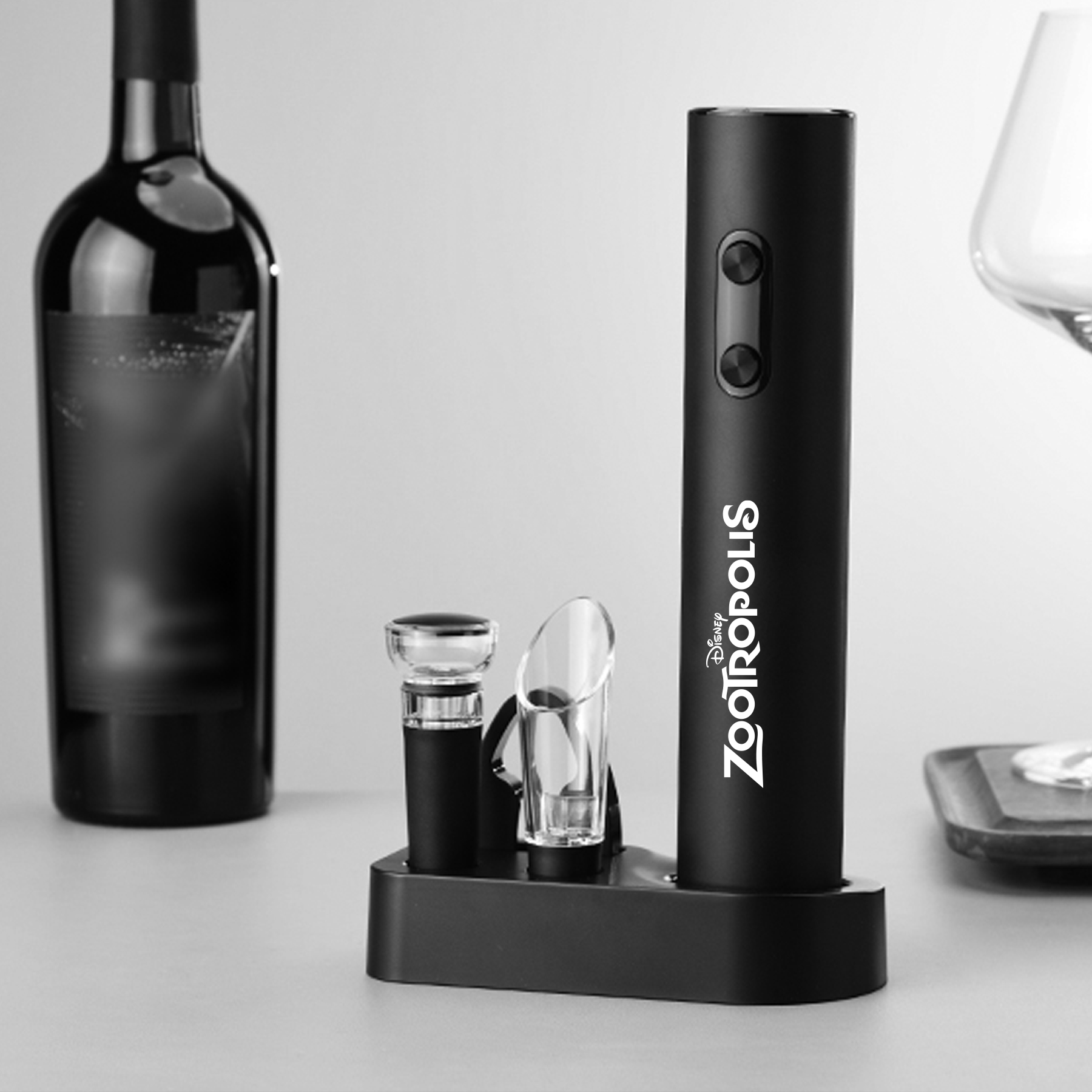 WineVault Electric Wine Opener Set with Pourer, Stopper & Storage Base 1