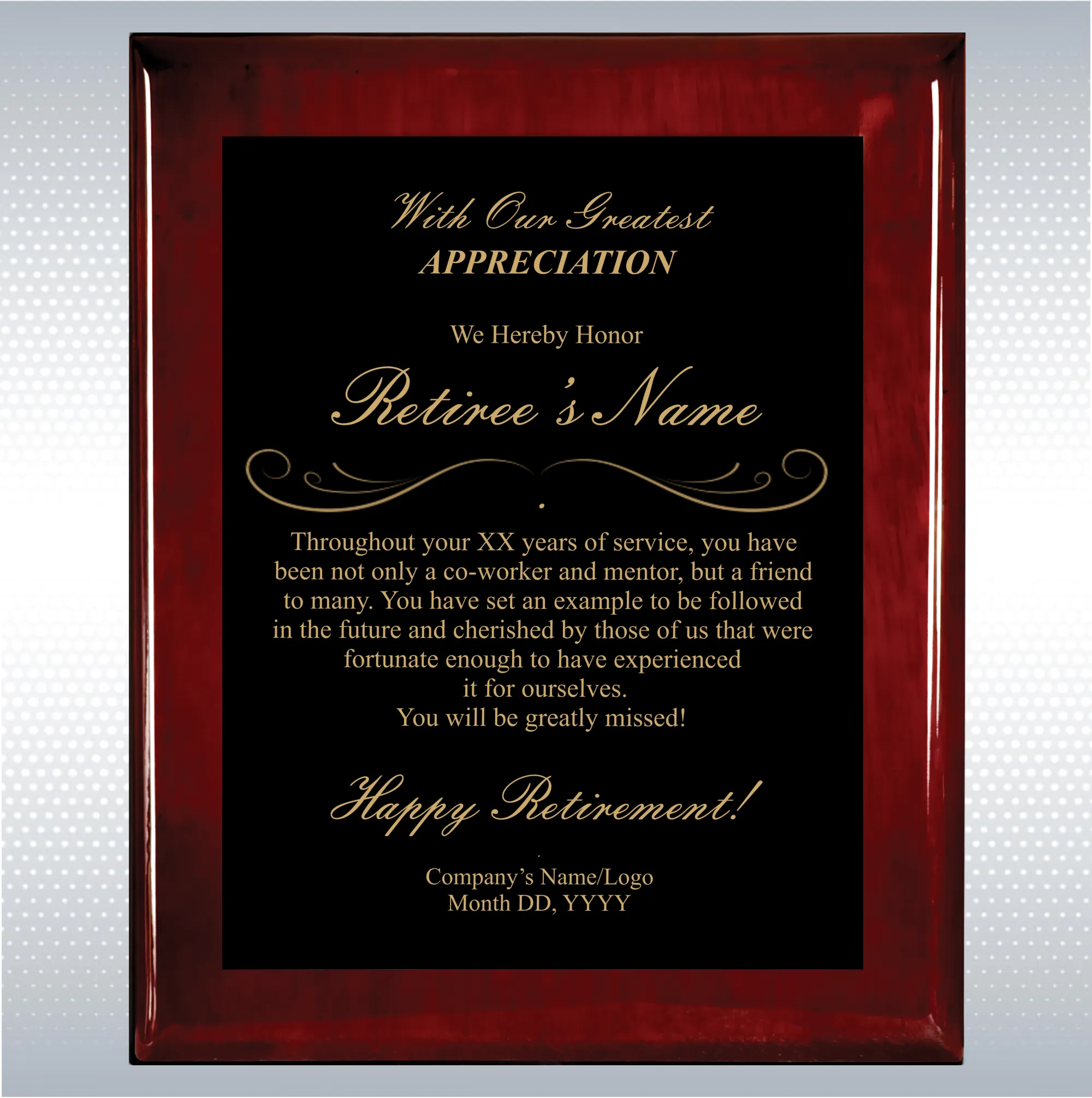 Rosewood Piano Finish Wood Plaque Retirement Gift Award 18