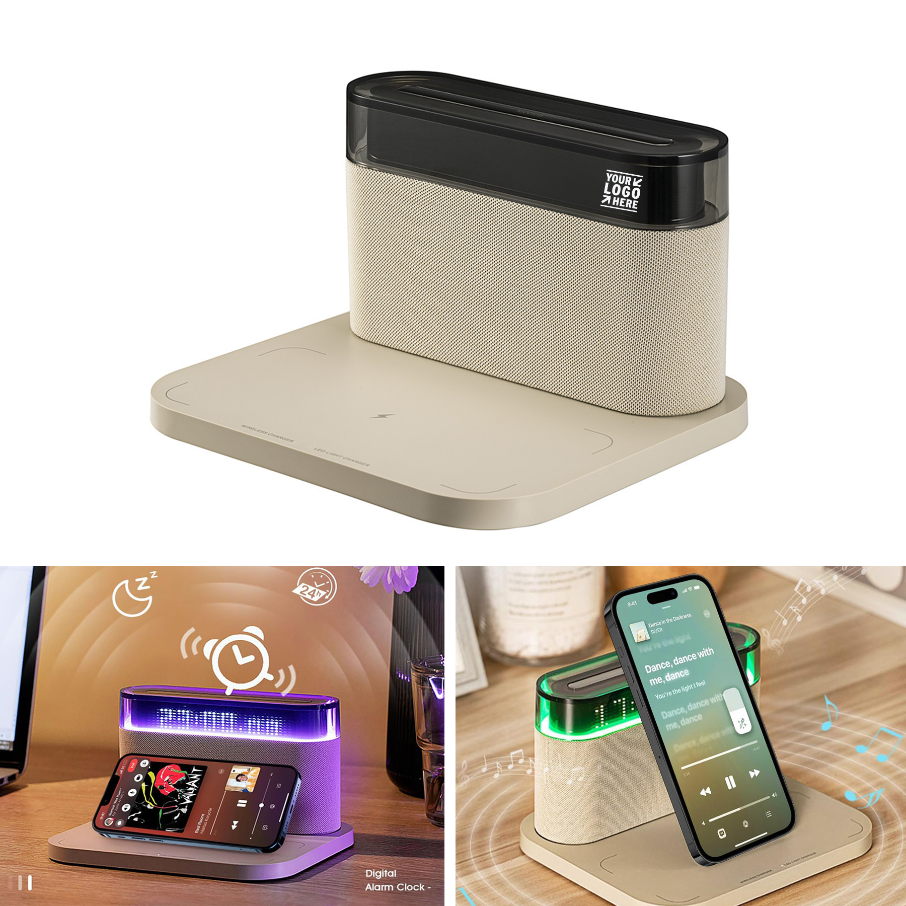 1800mAh Battery 3 Level Brightness Colorful Wireless Charging Bluetooth Speaker Digital Alarm Clock 2