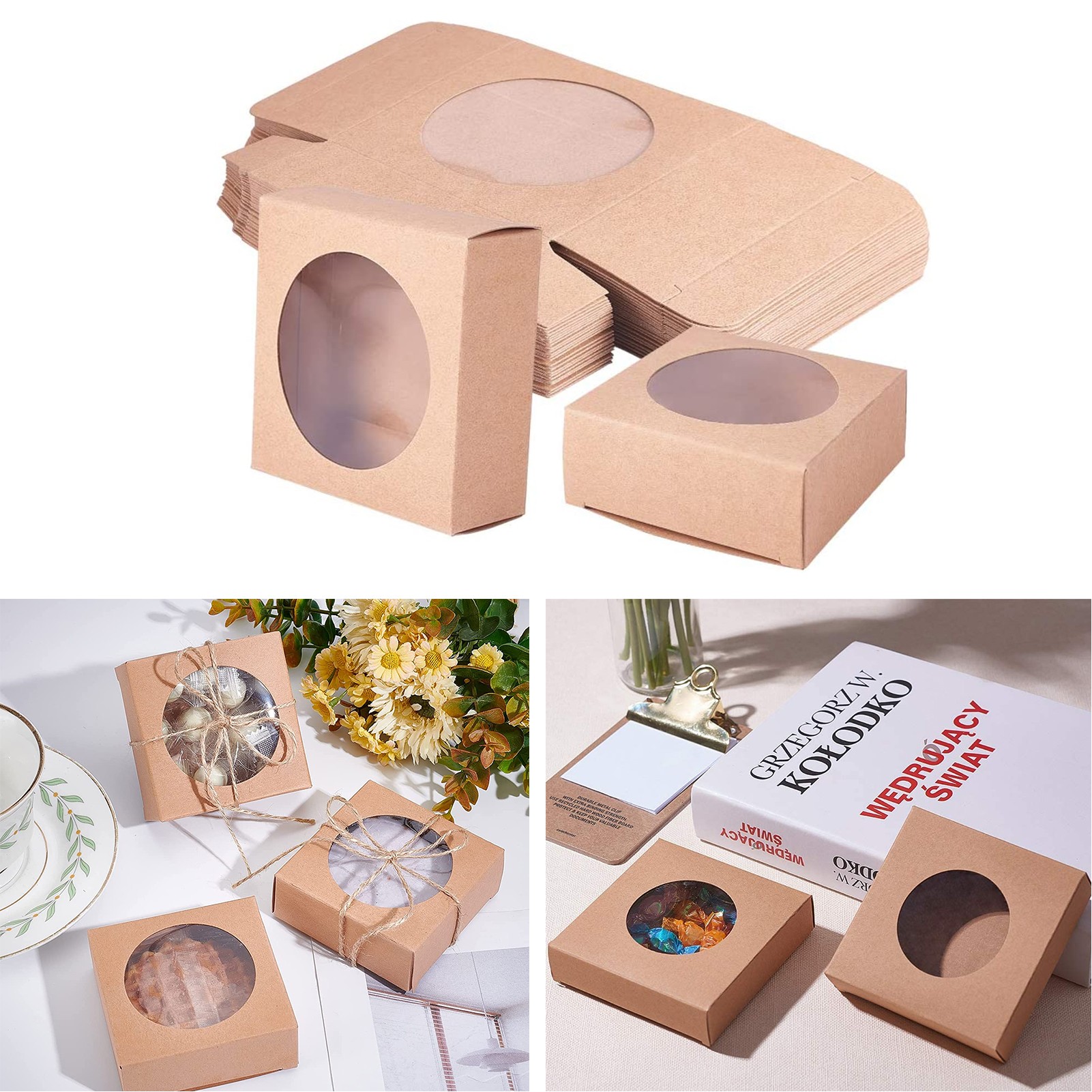 3 x 3 x 1.2 Inches Round Clear Window Kraft Square Paper Box 3