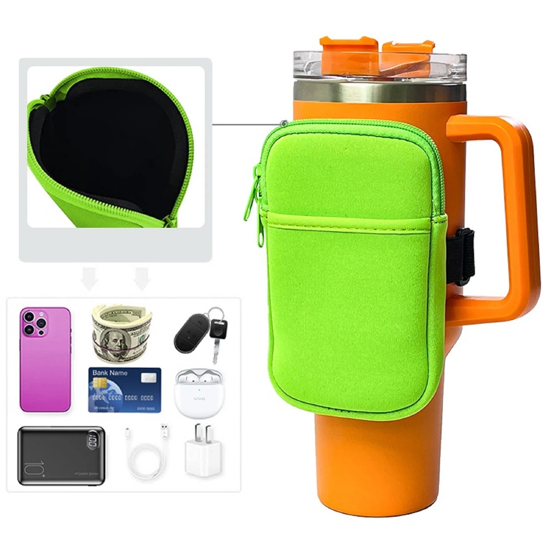 Neoprene 40 Oz Tumbler Arm Bag with Dual Pouch – Phone Holder Accessory for Handle Tumblers 4