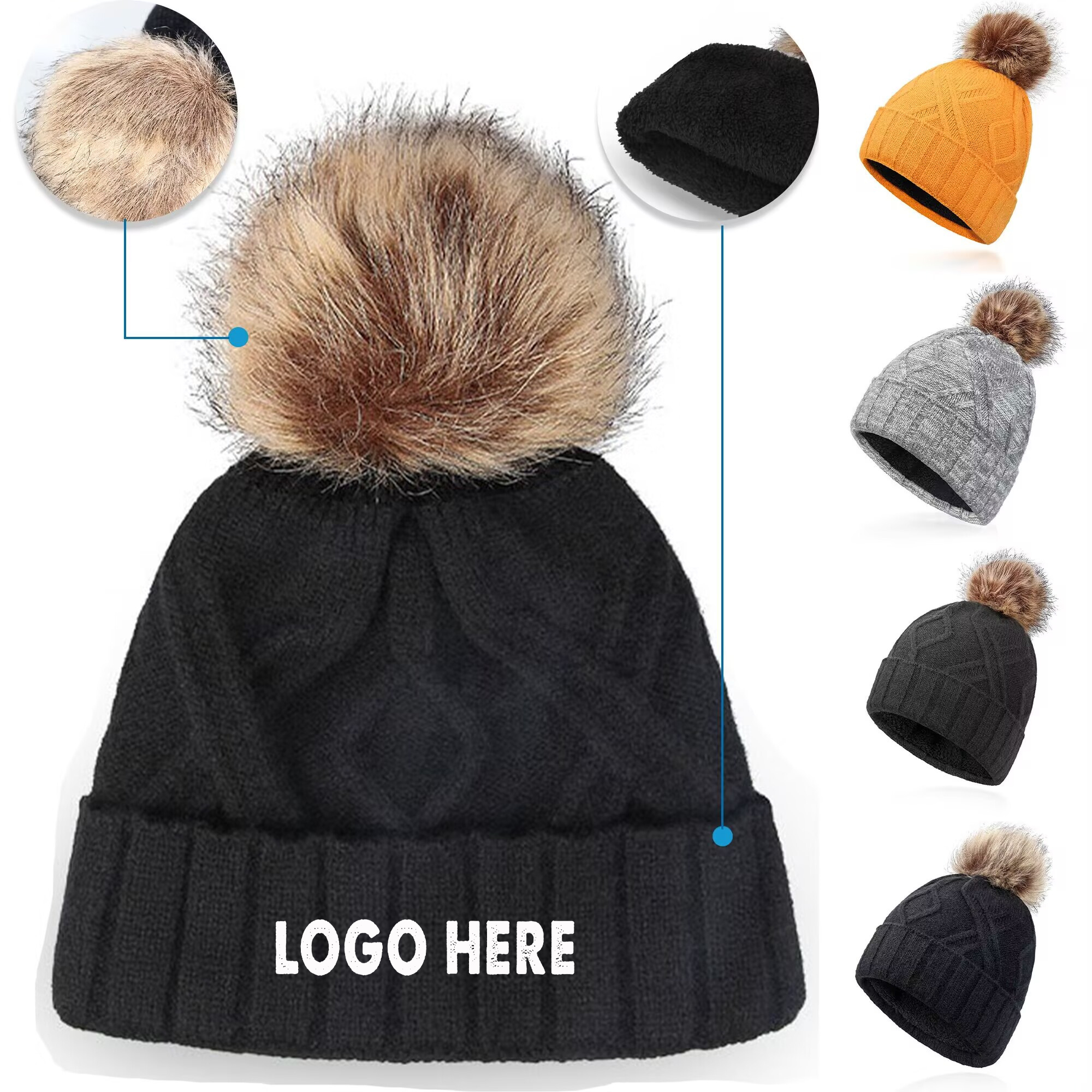 Winter Knit Hat With Faux Fur Pom 7