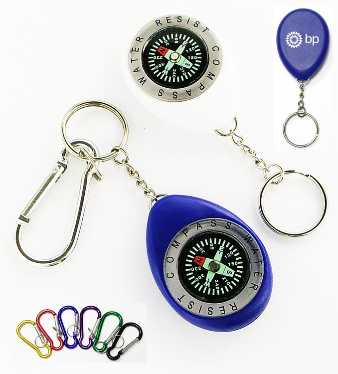Compass keychain, oval shape with swivel chain.