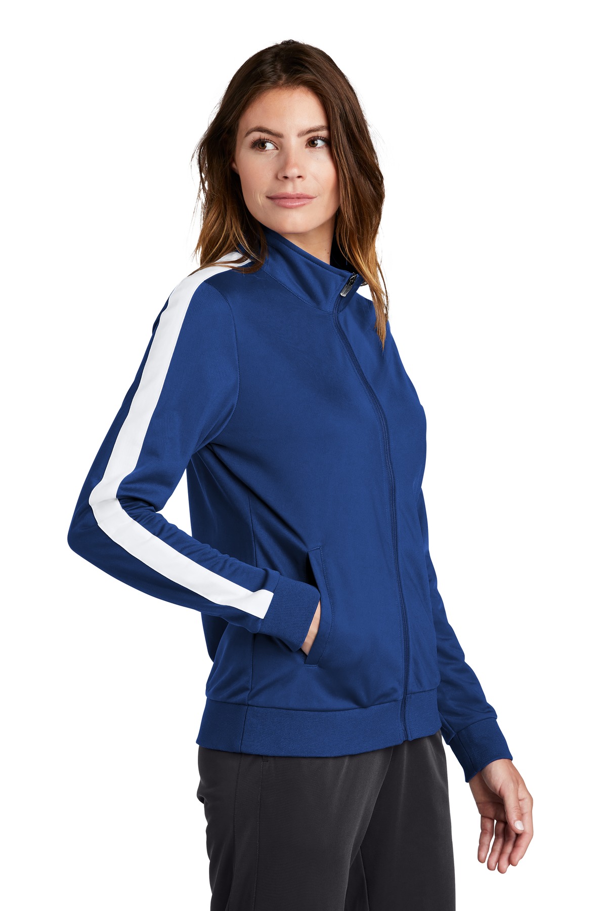 Sport-Tek Women's Tricot Sleeve Stripe Track Jacket. LST94 2