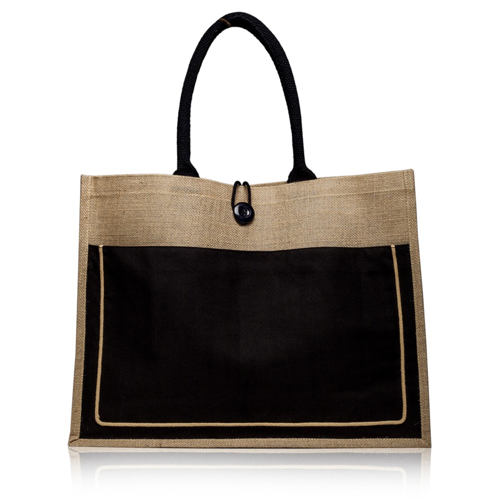 Two tone Jute Tote Bag w/ Front Pocket & Colored Handles & Gusset, custom tote bag with logo imprint 10