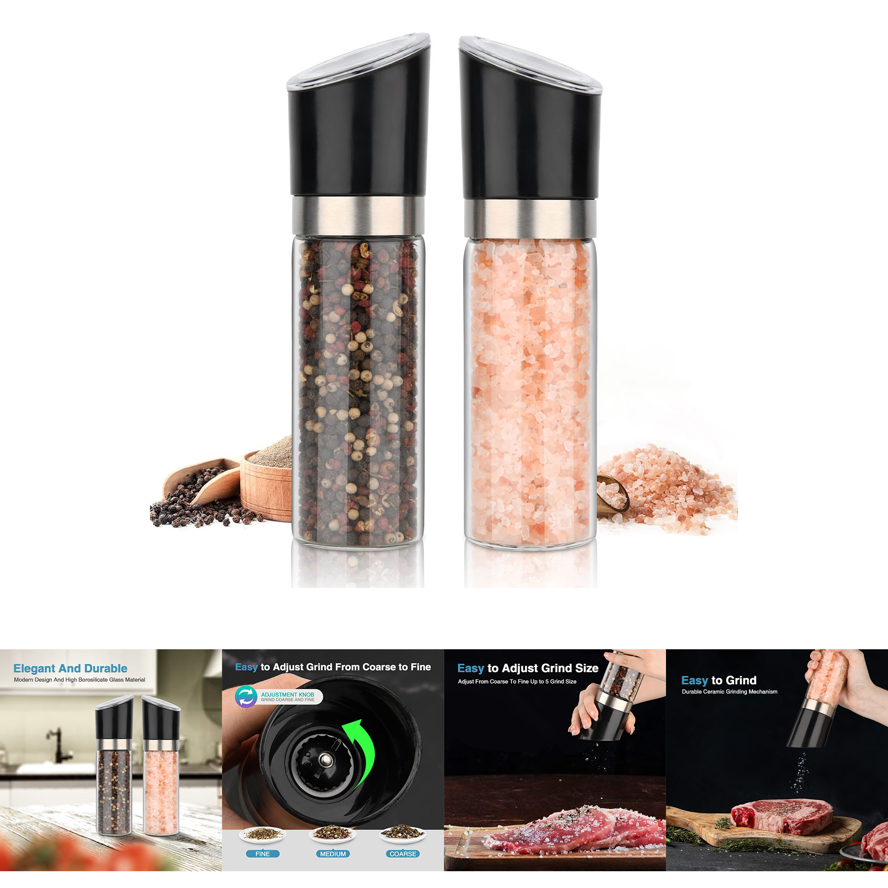 Manual Grips Glass Slat Pepper Grinder Shaker Set 2