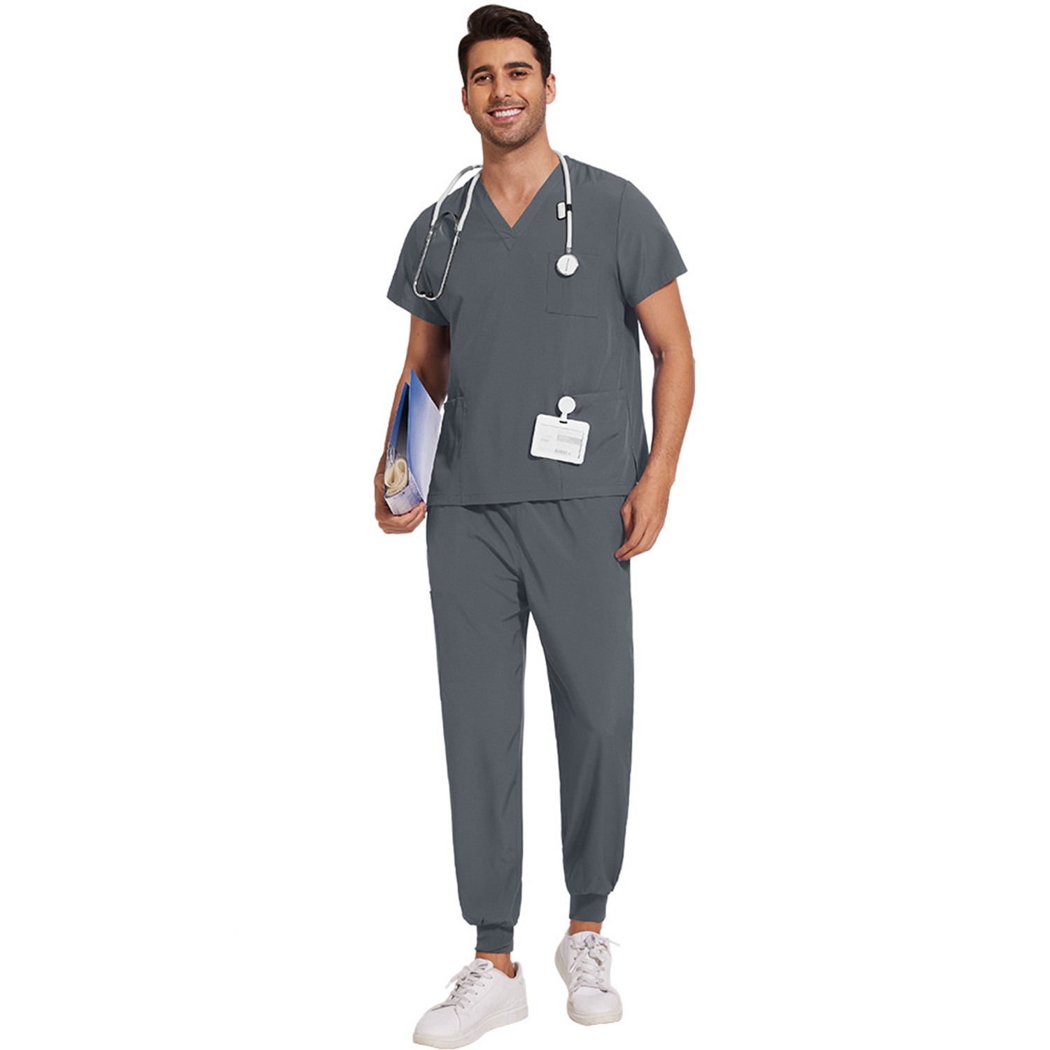 Classic Lightweight Tuck-In V-Neck Scrubs Set w/ Pockets 9