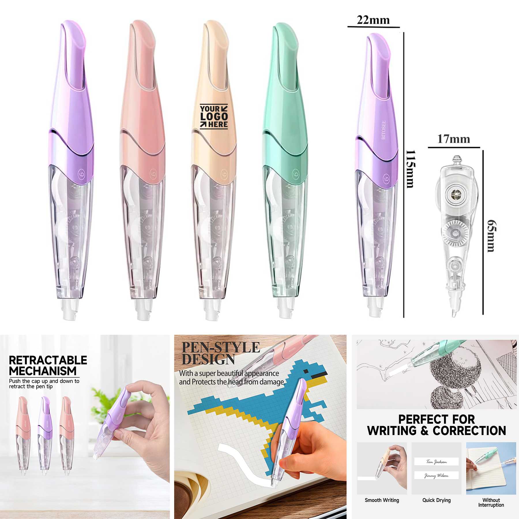 Aesthetic Cute Retractable Out Correction Refillable White Tape Pen 2