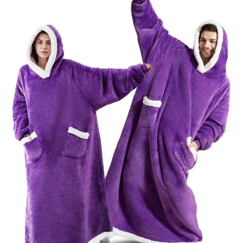 Winter Long Wearable Fleece Hooded Blanket With Pocket 3