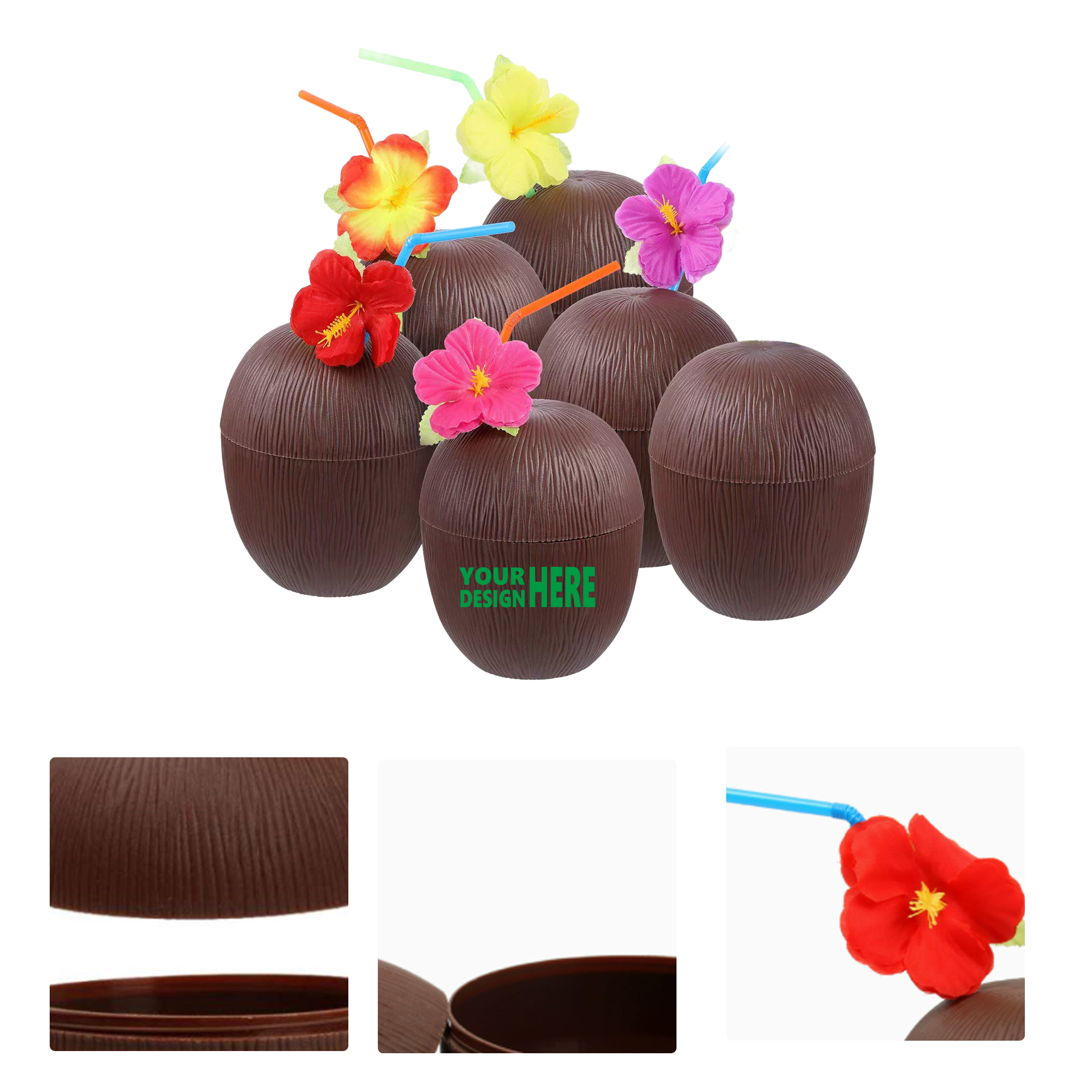 MOQ 50 Hawaiian Party Coconut Cup Pine Cup with Hibiscus Flower Straw 2
