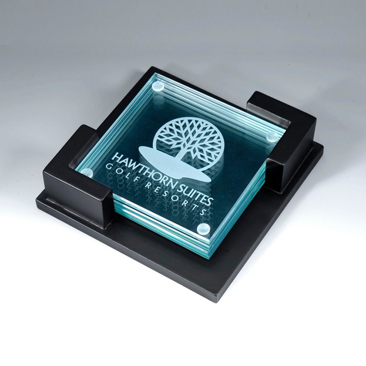 Award- Awards, Trophy, 4pcs Clear Glass Coaster w/wooden holder 3