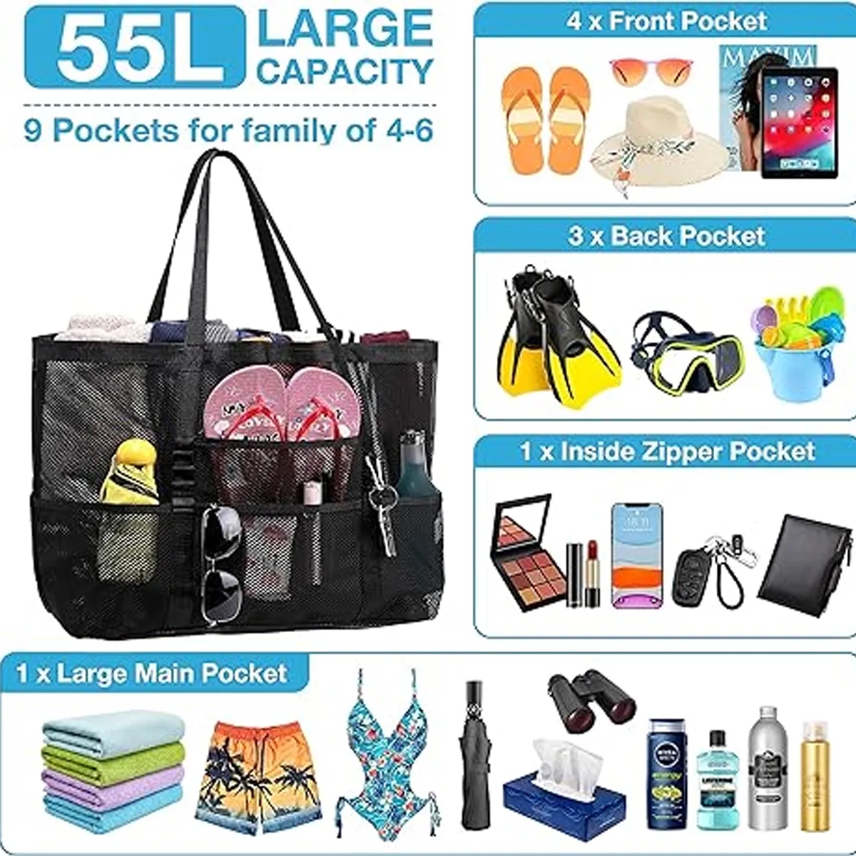 Large Storage Mesh Beach Tote Bags with 7 Pockets, custom tote bag with logo imprint 2