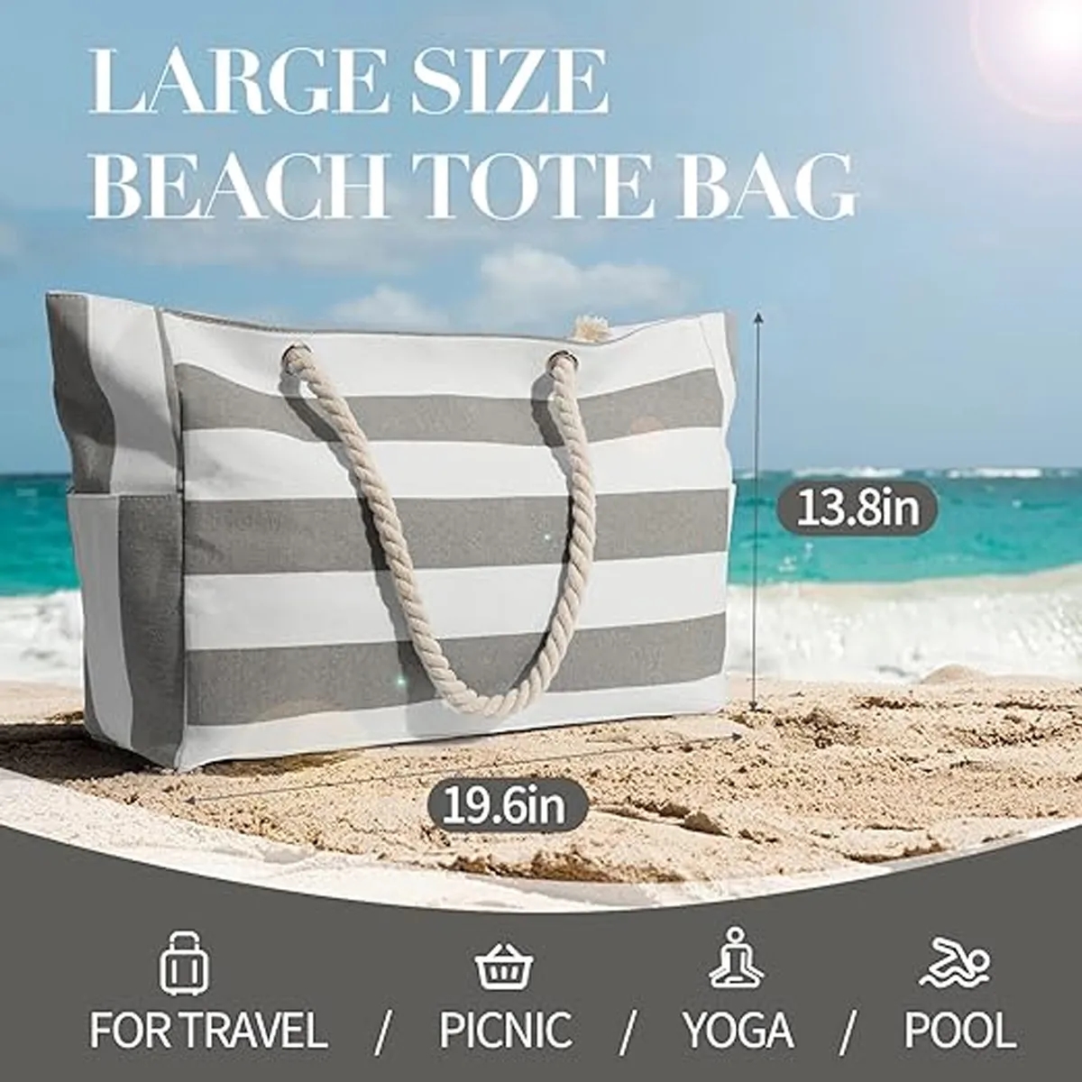 Large Canvas Beach Tote Bags with Zipper, custom tote bag with logo imprint 3