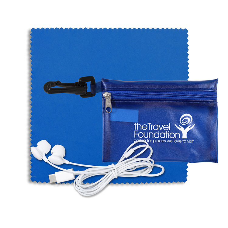 Earbud Tech Kit with Microfiber Cleaning Cloth In Translucent Carabiner Zipper Pouch 6