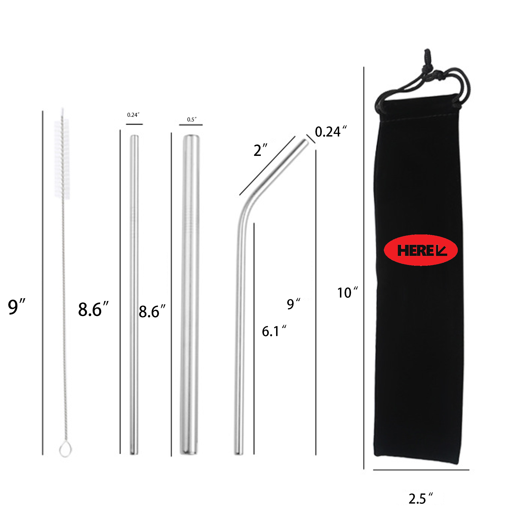 Straw Stainless Steel Cleaning Kit Reusable Metal Straws 2