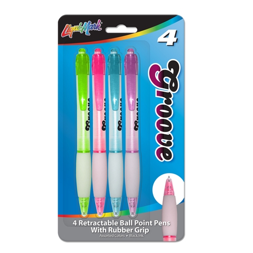 Set of 4 Groove Retractable Ball Point Pens w/Rubber Grip