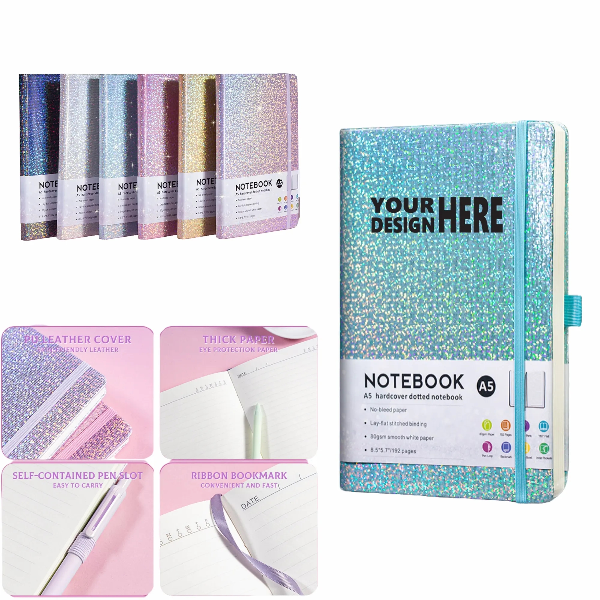 A5 Glitter Notebook, PU Leather, Pen Slot, Elastic Band, Cus