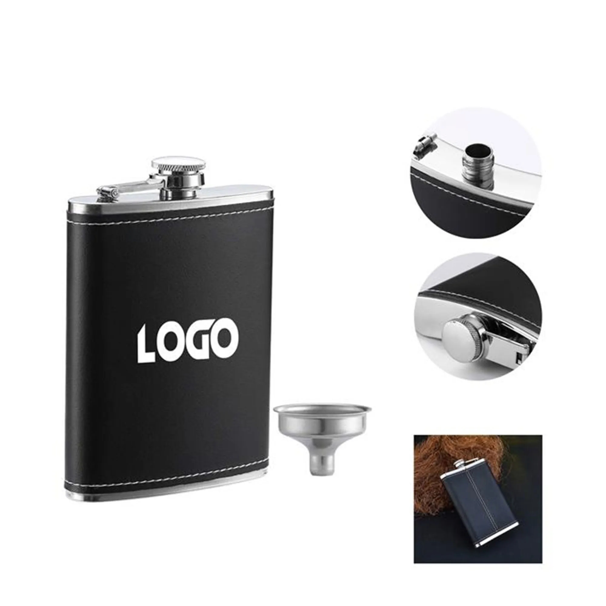 8oz Stainless Steel Flask with Black Wrap, custom water bottle with logo imprint 4