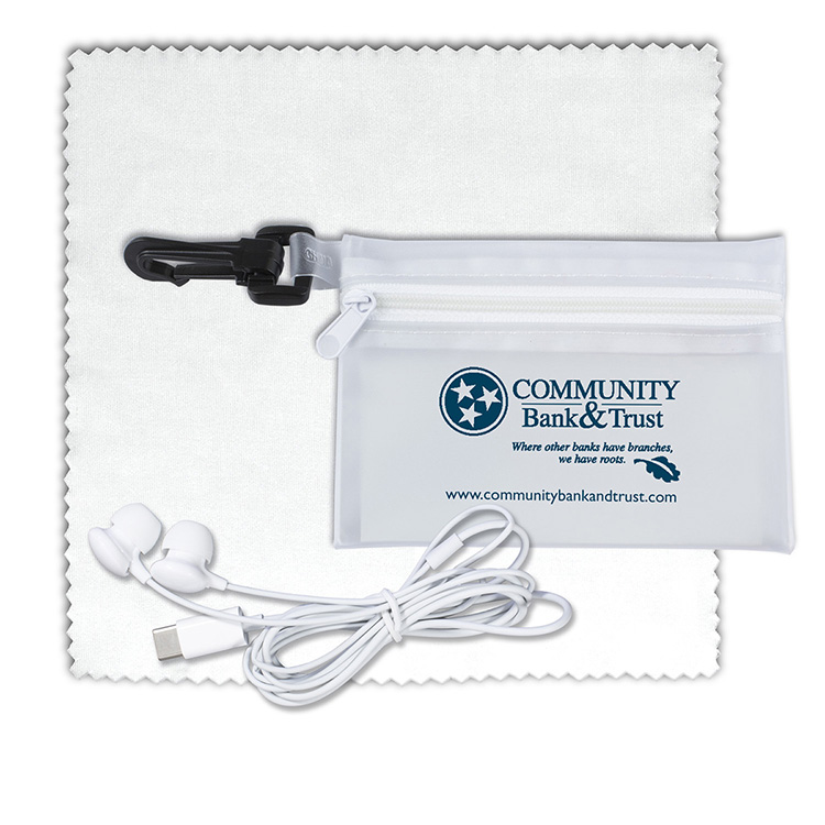 Earbud Tech Kit with Microfiber Cleaning Cloth In Translucent Carabiner Zipper Pouch 3