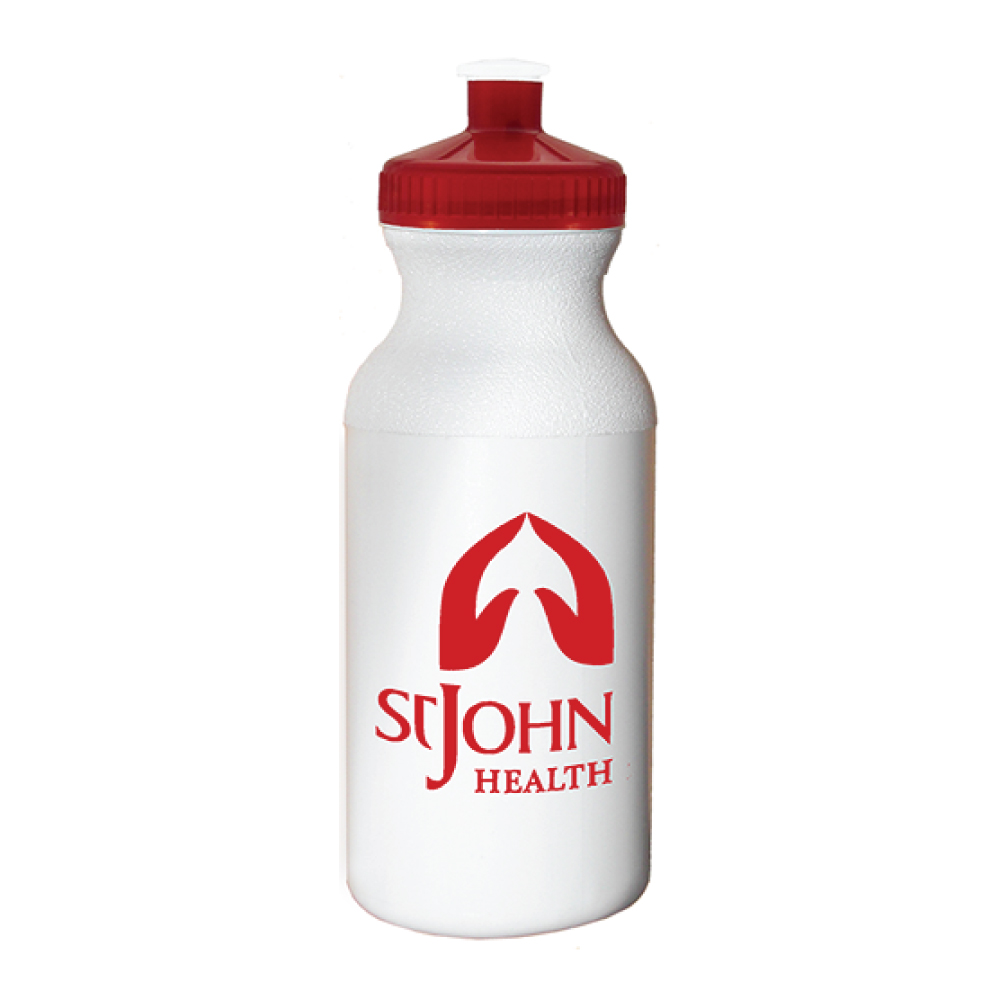 20 oz Economy White Bike Bottle with Translucent Red 53mm Push Pull Lid