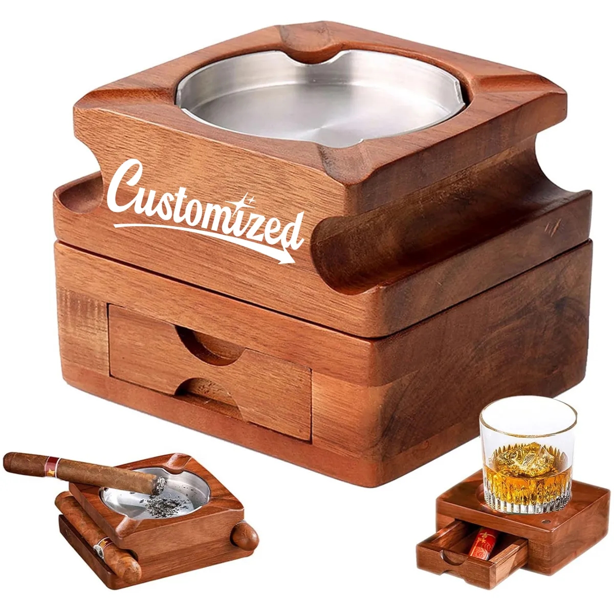 Wood Cigar Ashtray With Whiskey Glass Holder And Drawer 3