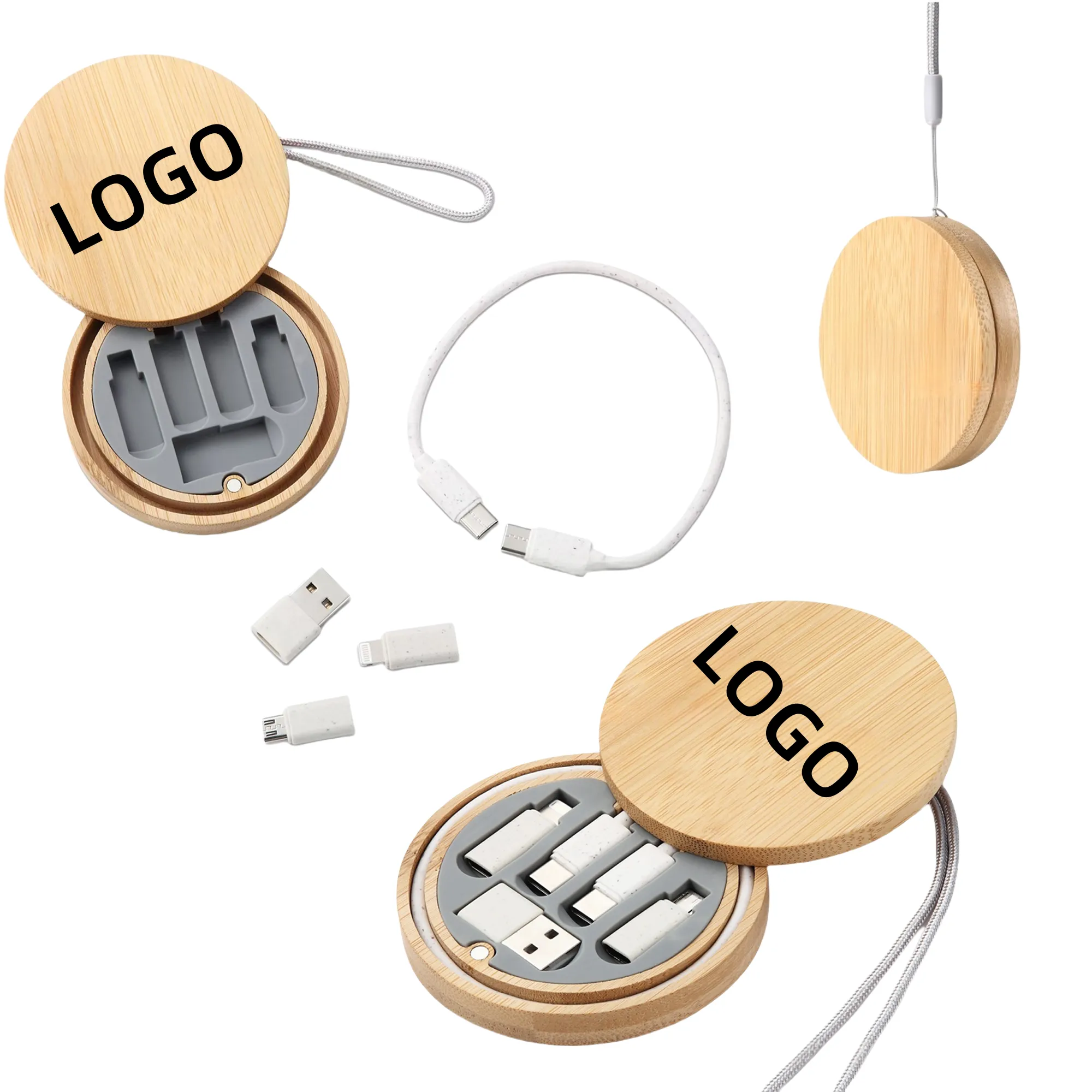 Round Bamboo Multi USB Charging Cable Adapter Kit 2