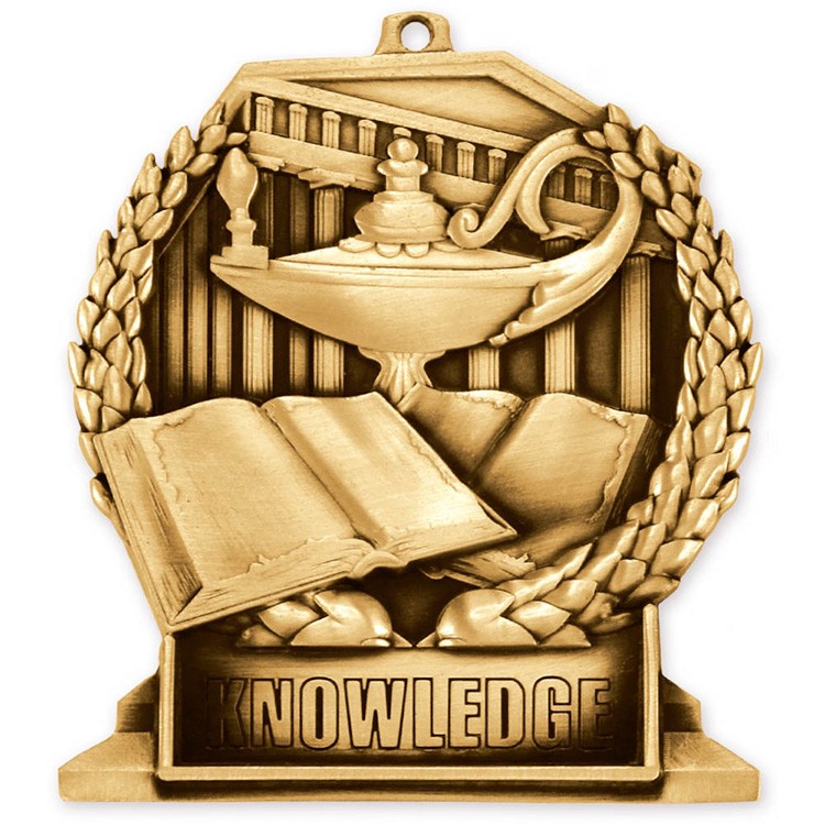 Book & Lamp Antique Gold Stand Up Medallion (3-1/2")