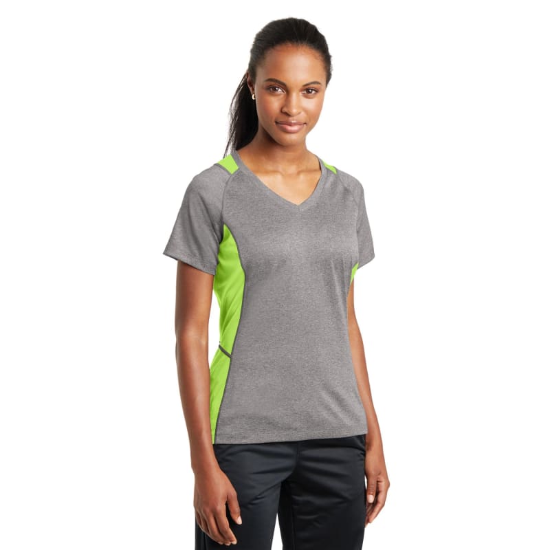 Sport-Tek Women's Heather Colorblock Contender V-Neck Tee. 51