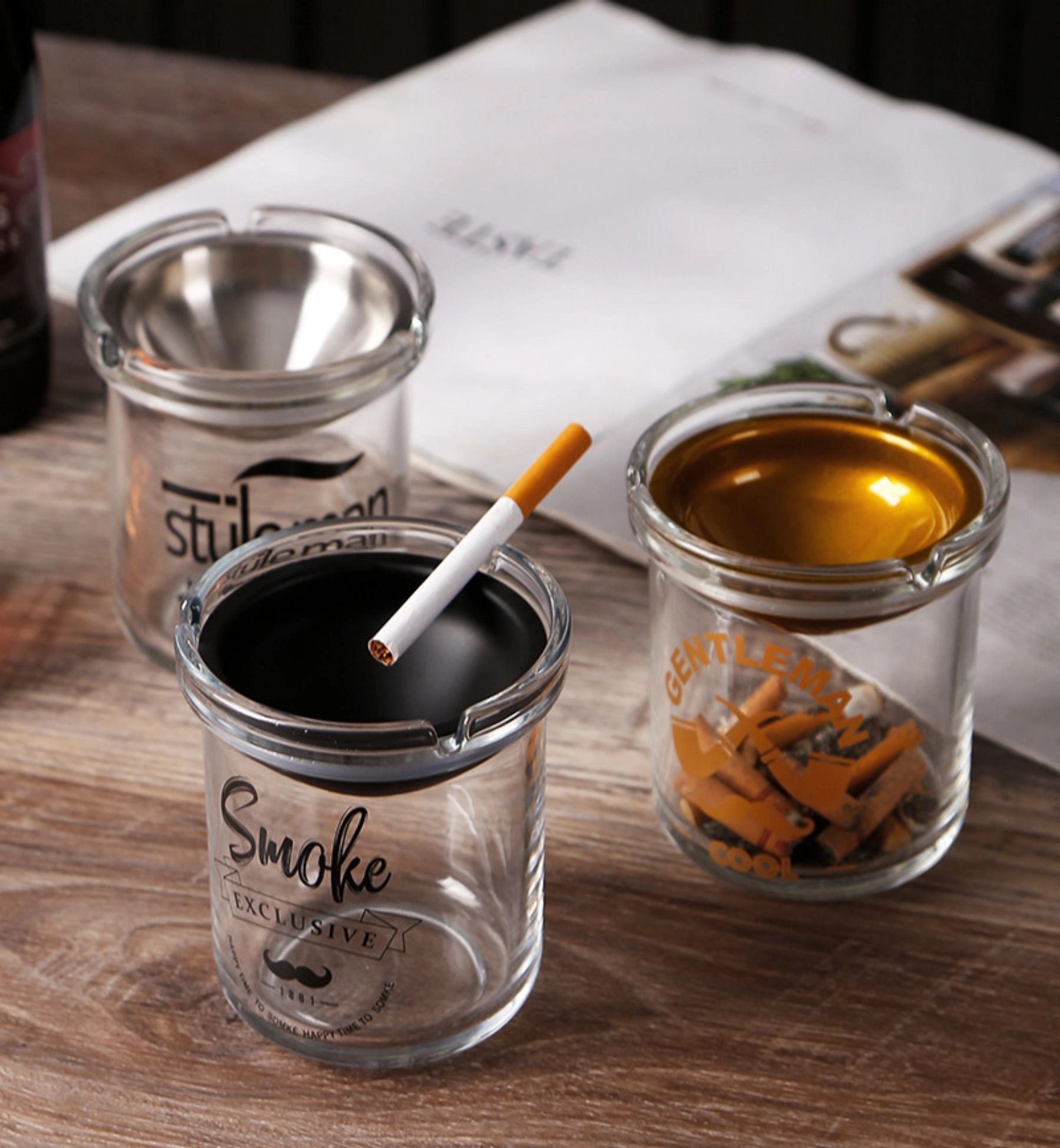 Glass Ashtray With Stainless Steel Funnel Lid Windproof  Cig 3