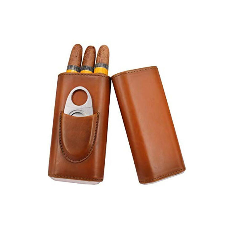 Classic Leather 3 Fingers Cigar Case w/ Cedar Wood Lining and Stainless Steel Cutter Contained 7