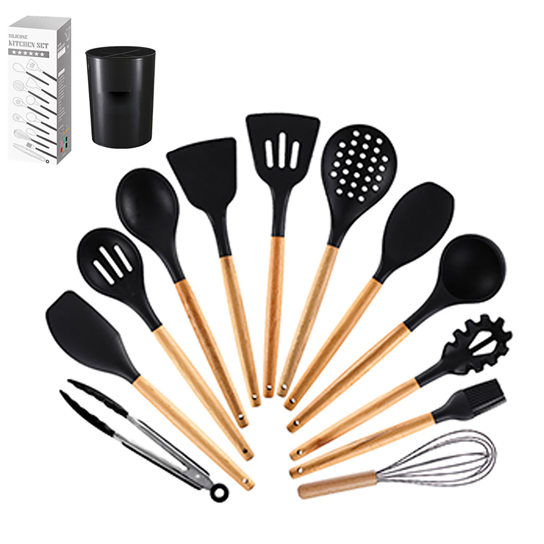 12 Pcs Non-stick Silicone Cooking Kitchen Utensils Spatula Set w/ Holder Wooden Handles 15