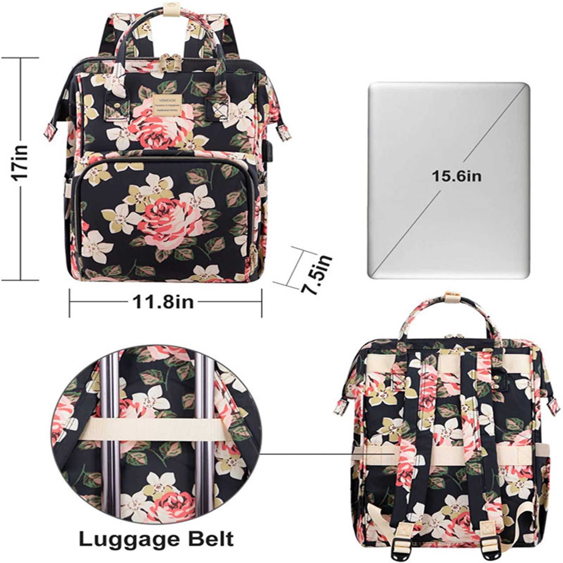 Flower Printed 15.6 Inch Laptop Backpack Usb Charging Port 4