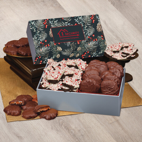 Peppermint Bark & Pecan Clusters in Gift Box with Pine Boughs & Berries Sleeve