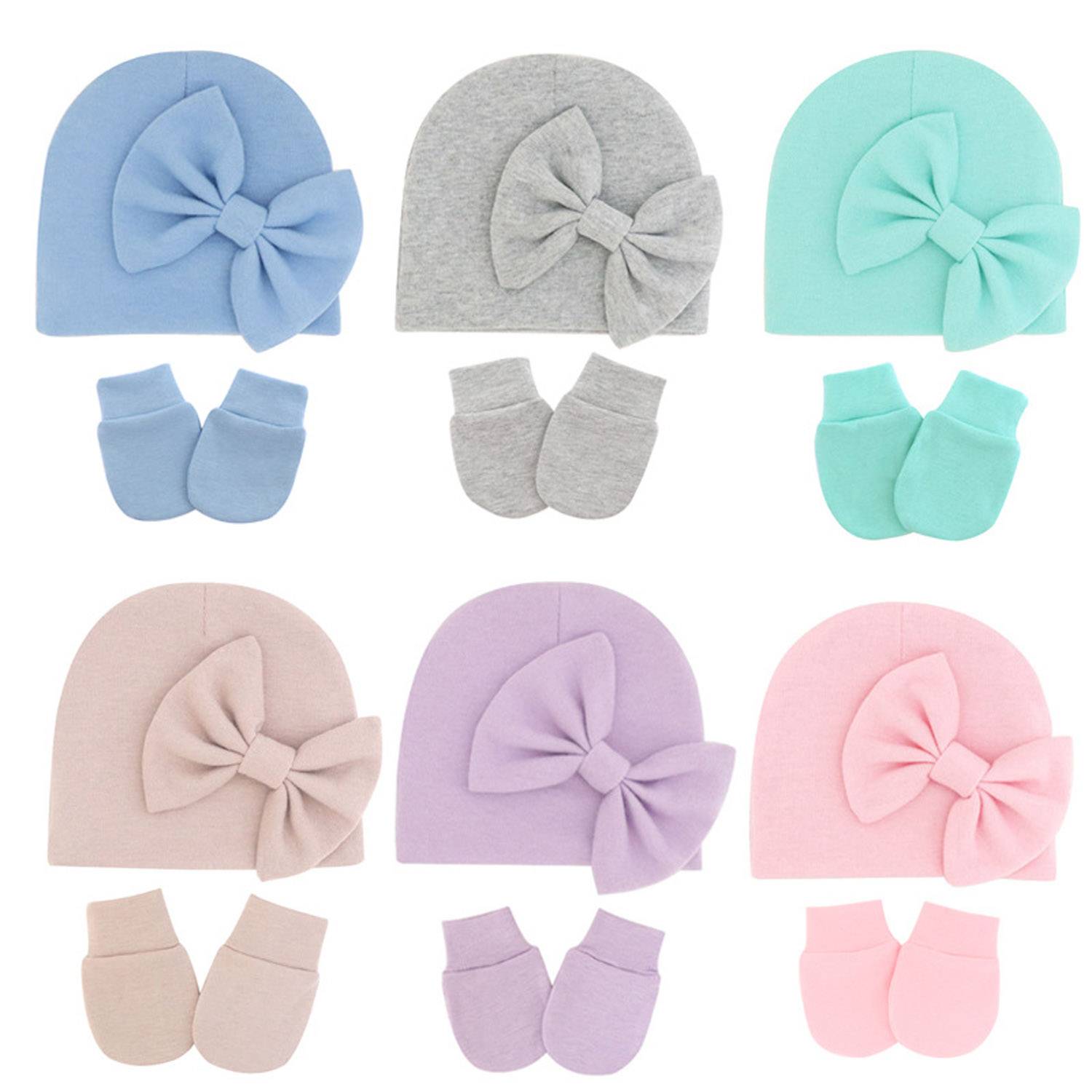 0-6 Months Solid Color Anti Scratch Gloves Bow Baby Hat 11